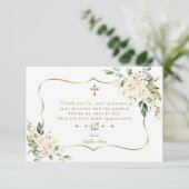 白エレガント花金ゴールドフレームガールバプテスマ サンキューカード (スタンド正面)