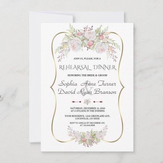 白エレガント花金ゴールドフレームリハーサルディナー 招待状 (正面)