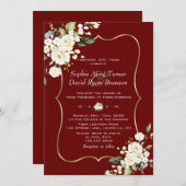 白エレガント花金ゴールドブルゴーニュ結婚ーズ 招待状 (正面/裏面)