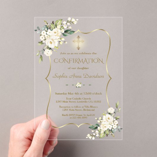 白エレガント花金ゴールド交差確認 アクリル招待状 (インサイチュ (ポータブル))