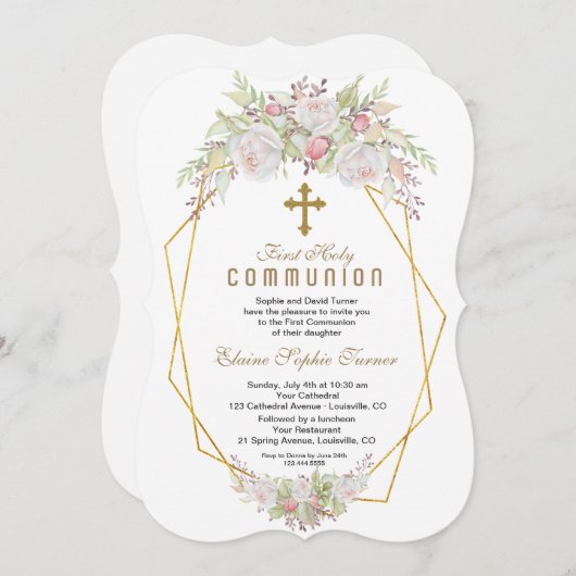 白エレガント花金ゴールド聖餐式 招待状 (正面/裏面)