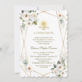 白エレガント花金ゴールド聖餐式 招待状