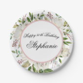 白エレガント花50誕生日 ペーパープレート (正面)