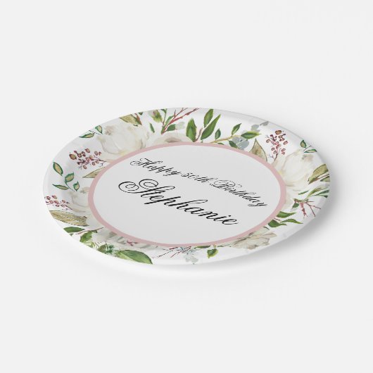 白エレガント花50誕生日 ペーパープレート (アングル)