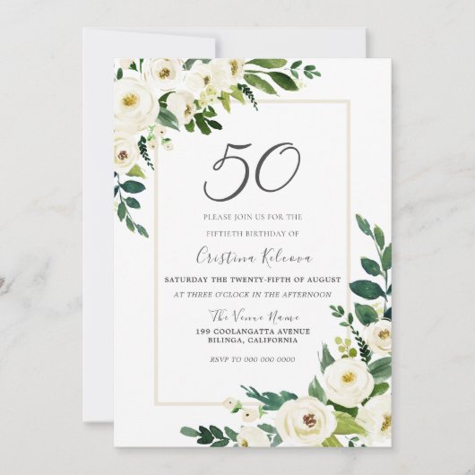 白エレガント花50th誕生日パーティー 招待状 (正面)