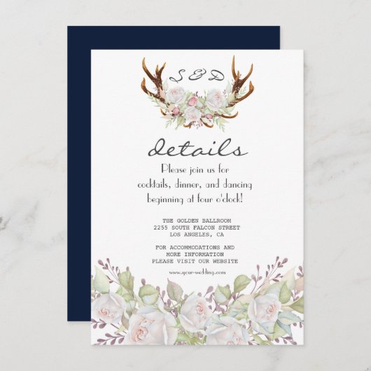 白エレガント花〔雄ジカの〕枝角ネイビー結婚ズ詳細 エンクロージャーカード (正面/裏面)