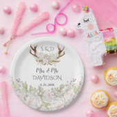 白エレガント花〔雄ジカの〕枝角モノグラ結婚ム ペーパープレート (パーティー)