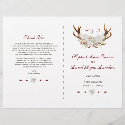 白エレガント花〔雄ジカの〕枝角結婚式 プログラム (正面)