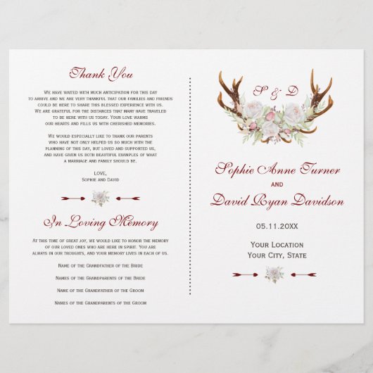 白エレガント花〔雄ジカの〕枝角結婚式 プログラム (正面)