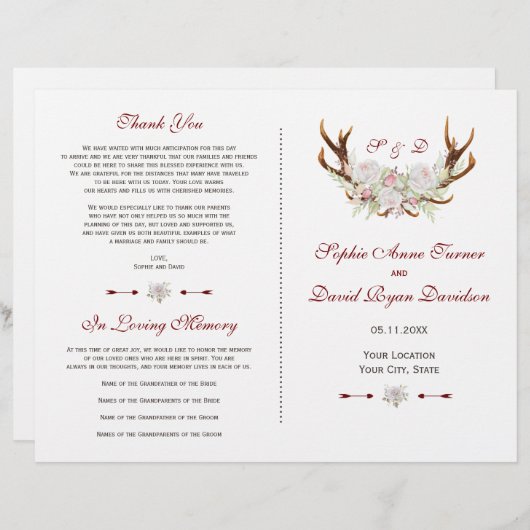 白エレガント花〔雄ジカの〕枝角結婚式 プログラム (正面/裏面)