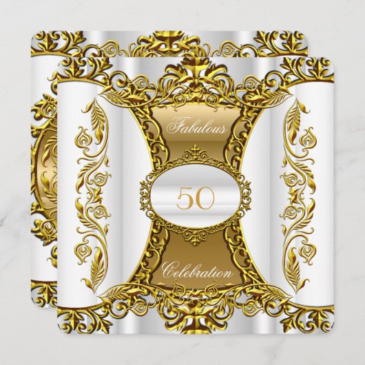 白エレガント華美金ゴールド素晴らしい50誕生日2 招待状 (正面/裏面)