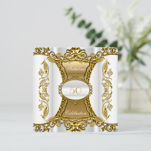 白エレガント華美金ゴールド素晴らしい50誕生日2 招待状 (スタンド正面)