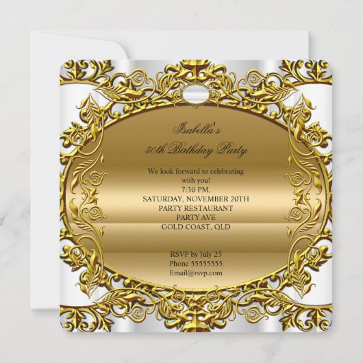 白エレガント華美金ゴールド素晴らしい50誕生日2 招待状 (裏面)