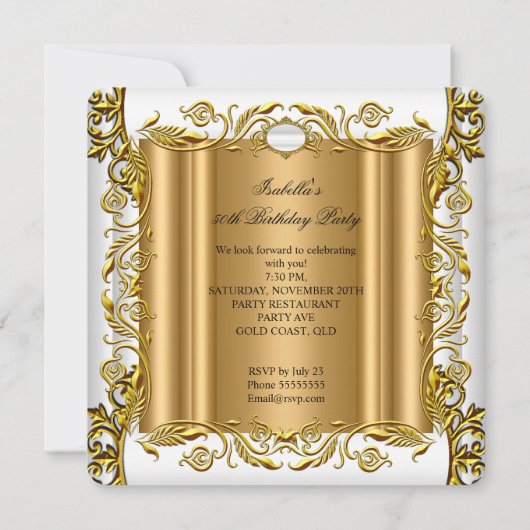 白エレガント華美金ゴールド素晴らしい50誕生日 招待状 (裏面)