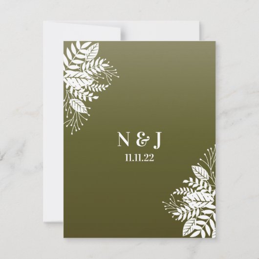 白エレガント葉、オリーブグリーン セーブザデート (裏面)