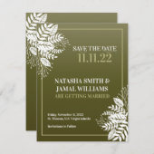 白エレガント葉、オリーブグリーン セーブザデート (正面/裏面)