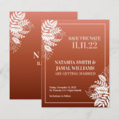 白エレガント葉、レッド・テラコッタ セーブザデート (正面/裏面)