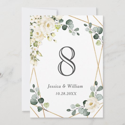白エレガント薔薇ユーカリ結婚の表番号 招待状 (正面)