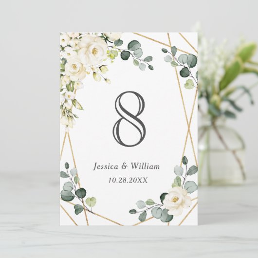 白エレガント薔薇ユーカリ結婚の表番号 招待状 (スタンド正面)