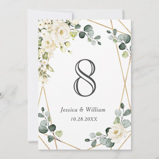 白エレガント薔薇ユーカリ結婚の表番号 招待状 (裏面)