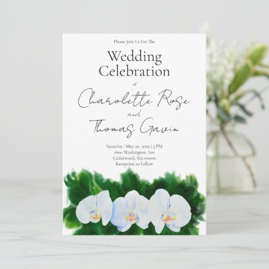 白エレガント蘭の水の色のフローラ絵を描 招待状 (スタンド正面)