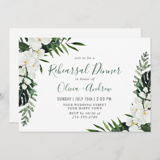 白エレガント蘭ボヘミアンリハーサルディナー 招待状 (正面/裏面)