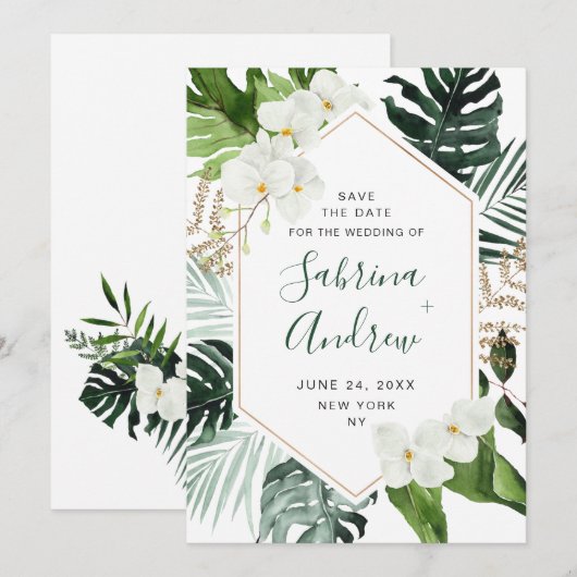 白エレガント蘭ボヘミアン緑結婚園 セーブザデート (正面/裏面)