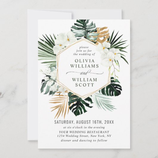 白エレガント蘭ボヘミアン緑結婚園 招待状 (正面)