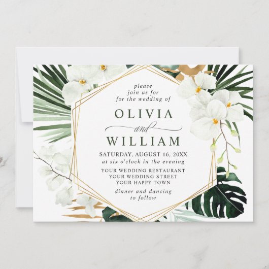 白エレガント蘭ボヘミアン緑結婚園 招待状 (正面)