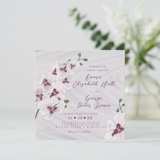 白エレガント蘭結婚式招待状カード 招待状 (スタンド正面)