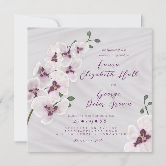 白エレガント蘭結婚式招待状カード 招待状 (正面)