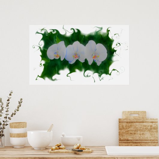 白エレガント蘭絵画の熱帯フローラ ポスター (キッチン)