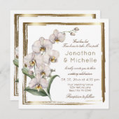 白エレガント蘭金ゴールドフレームクリスチャン結婚ズ 招待状 (正面/裏面)
