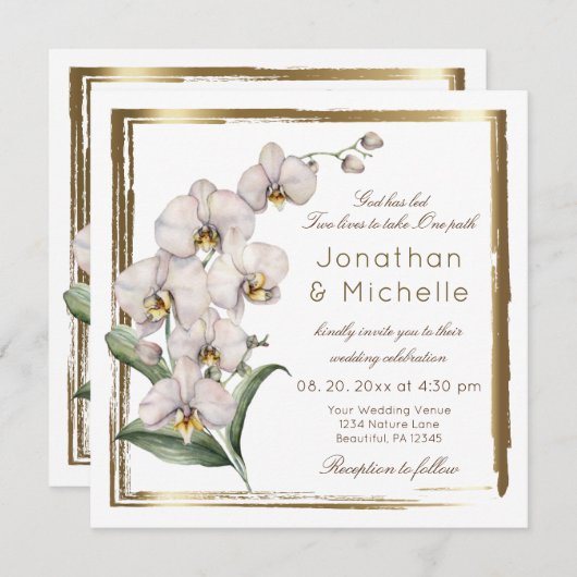 白エレガント蘭金ゴールドフレームクリスチャン結婚ズ 招待状 (正面/裏面)