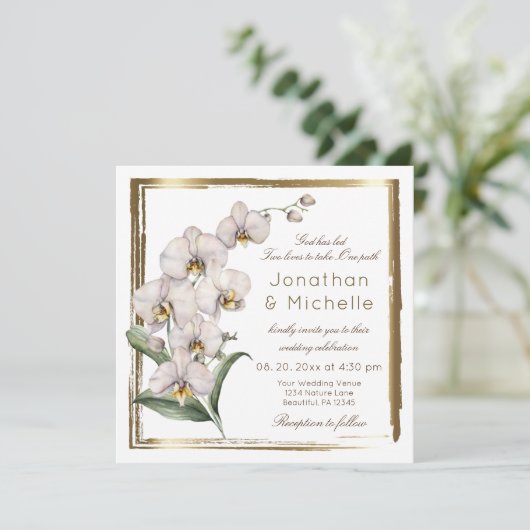 白エレガント蘭金ゴールドフレームクリスチャン結婚ズ 招待状 (スタンド正面)