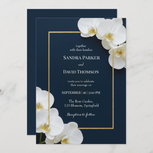 白エレガント蘭開花結婚ズ 招待状 (正面/裏面)