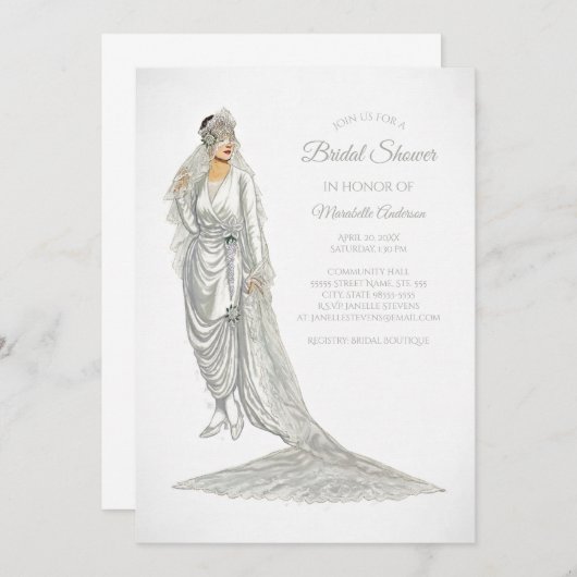 白エレガント衣を着た花嫁のヴィンテージ花嫁 招待状 (正面/裏面)