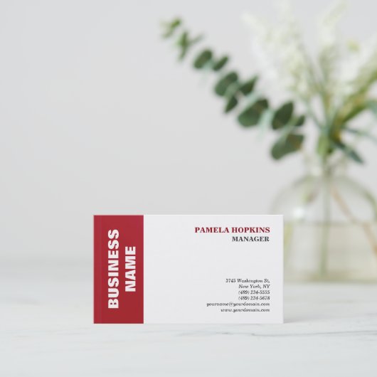 白エレガント赤マネージャストライプのミニマルスタイル 名刺 (スタンド正面)