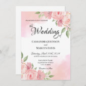 白エレガント赤面ピンクフローラウォーター結婚カラー 招待状 (正面/裏面)
