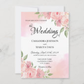 白エレガント赤面ピンクフローラウォーター結婚カラー 招待状 (正面)