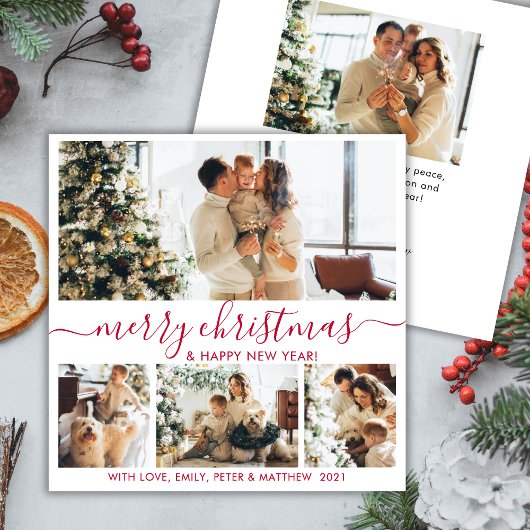 白エレガント赤4フォトコラージクリスマスホリダ シーズンカード