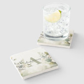 白エレガント野の花と緑のモノグラム ストーンコースター (横)