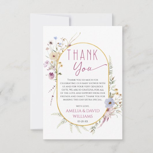 白エレガント野草赤ちゃんシャワーありがとう車 サンキューカード (正面)