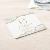 白エレガント金ゴールドアガテ15周年記念パーティー スクエアペーパーコースター (アングル)