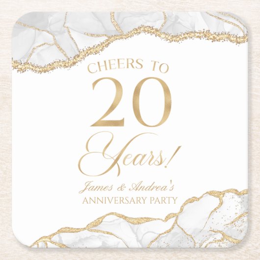 白エレガント金ゴールドアガテ20周年記念パーティー スクエアペーパーコースター (正面)