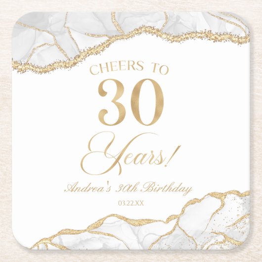 白エレガント金ゴールドアガテ30歳の誕生日パーティー スクエアペーパーコースター (正面)