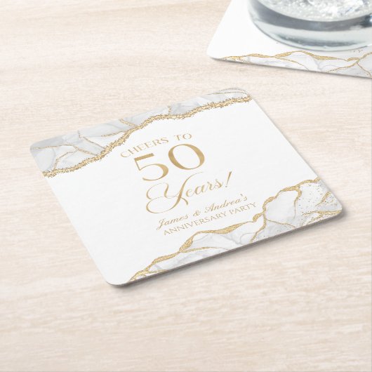 白エレガント金ゴールドアガテ50周年記念パーティー スクエアペーパーコースター (アングル)