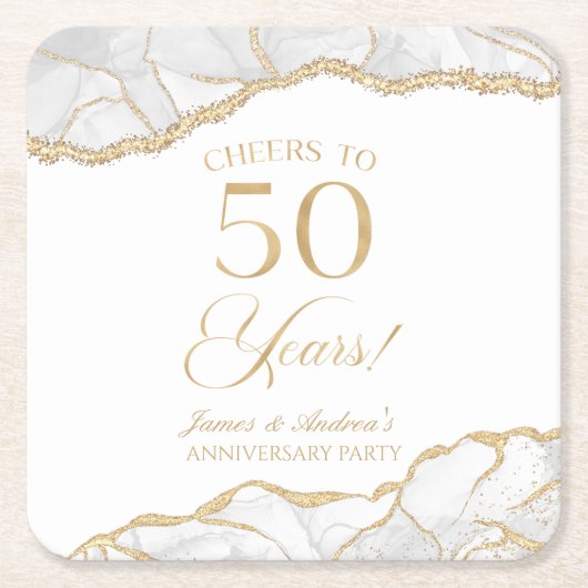 白エレガント金ゴールドアガテ50周年記念パーティー スクエアペーパーコースター (正面)