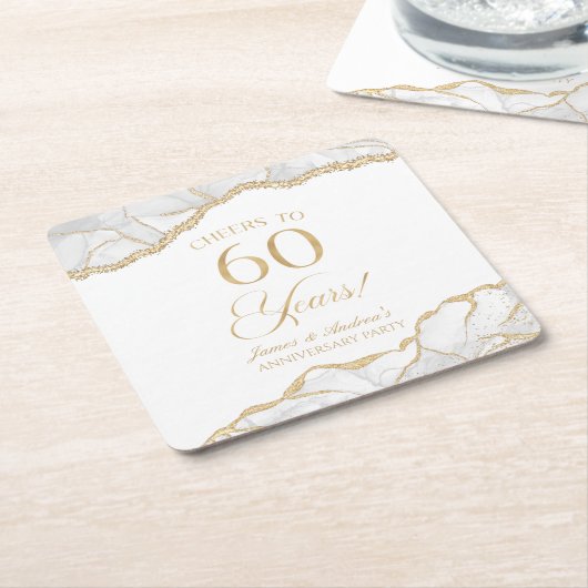 白エレガント金ゴールドアガテ60周年記念パーティー スクエアペーパーコースター (アングル)