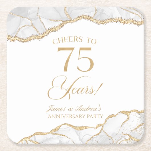 白エレガント金ゴールドアガテ75周年記念パーティー スクエアペーパーコースター (正面)